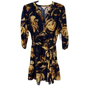Time/Tru Floral Print Belted Dress XL Navy/Yellow 3/4 Sleeve Cotton Blend dress.